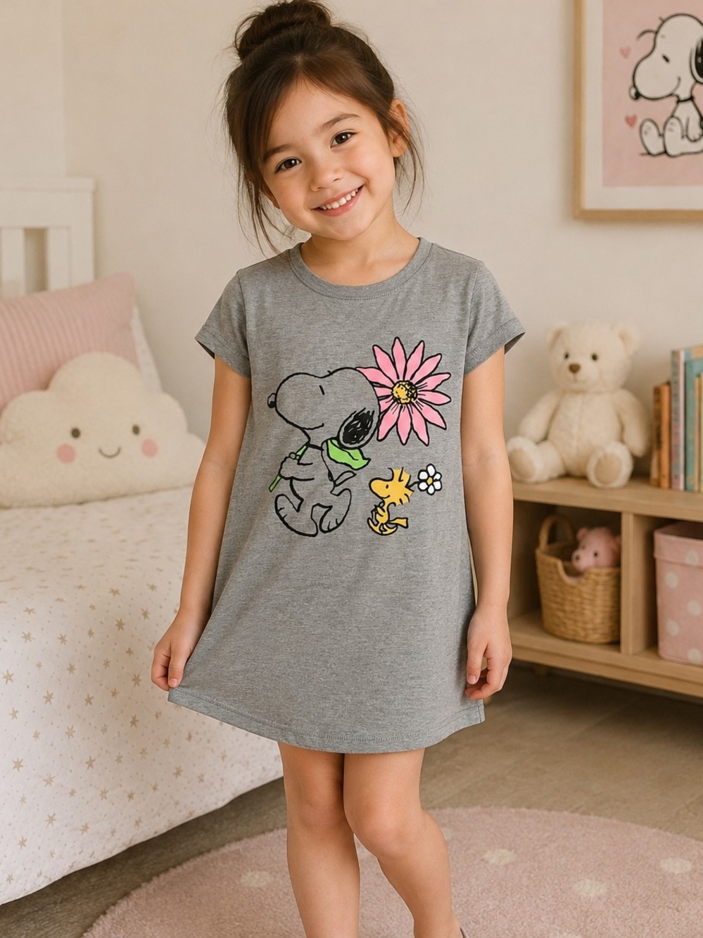 4/25Grey Girls' Snoopy & Woodstock Nightgown with Pink Flower